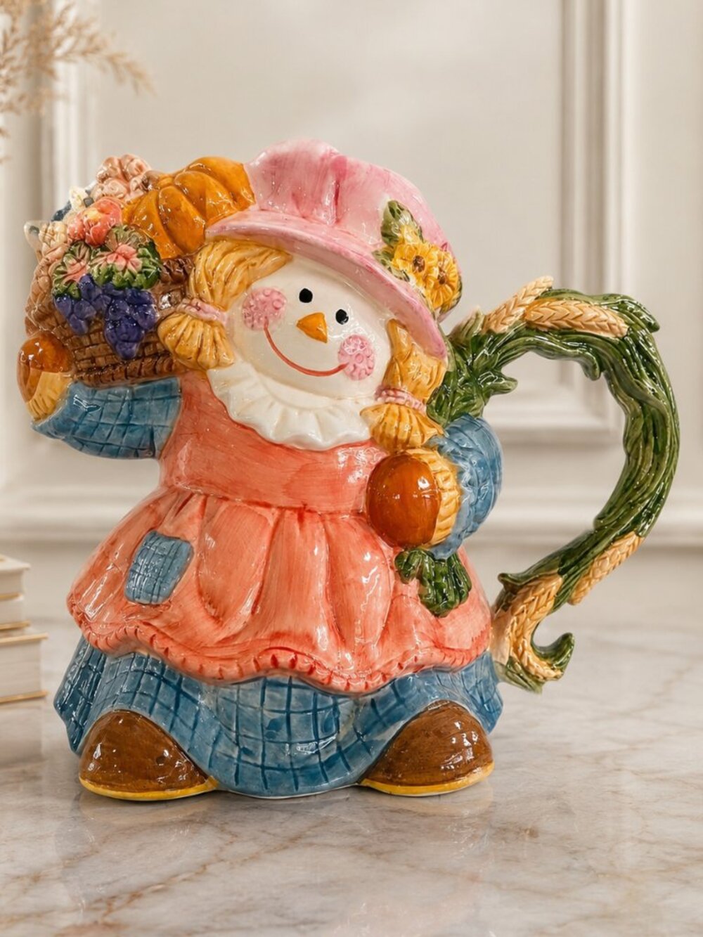 Vintage WCL Scarecrow Girl Ceramic Pitcher New Condition Harvest Decor